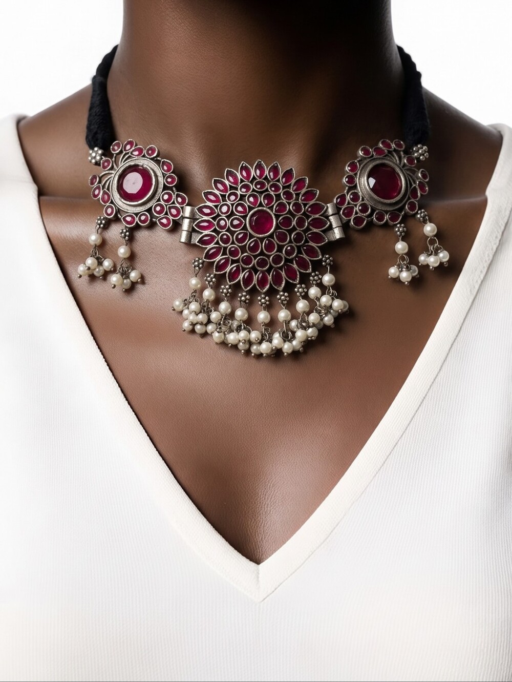 Handcrafted Silver-Tone Red Statement Choker Necklace Set